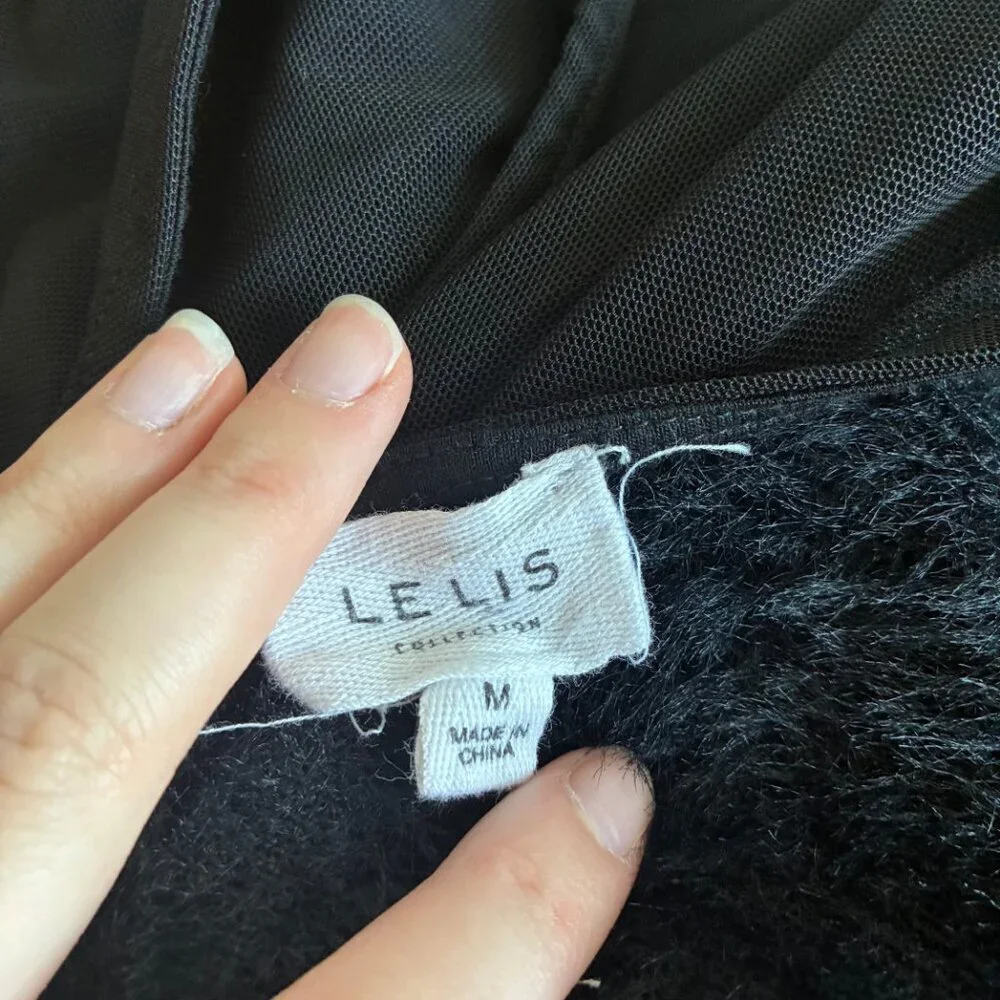 Le Lis Black Fluffy Bodice Sheer Women's Long Sleeve Top